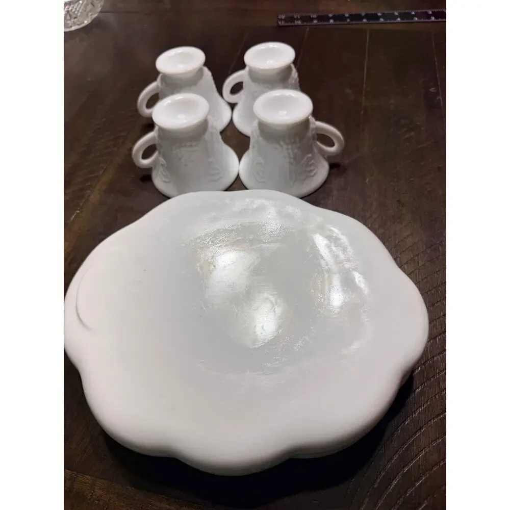 Set of 4 Vintage White Milk Glass Grapes & Vines Snack Plates Cups Snack Sets